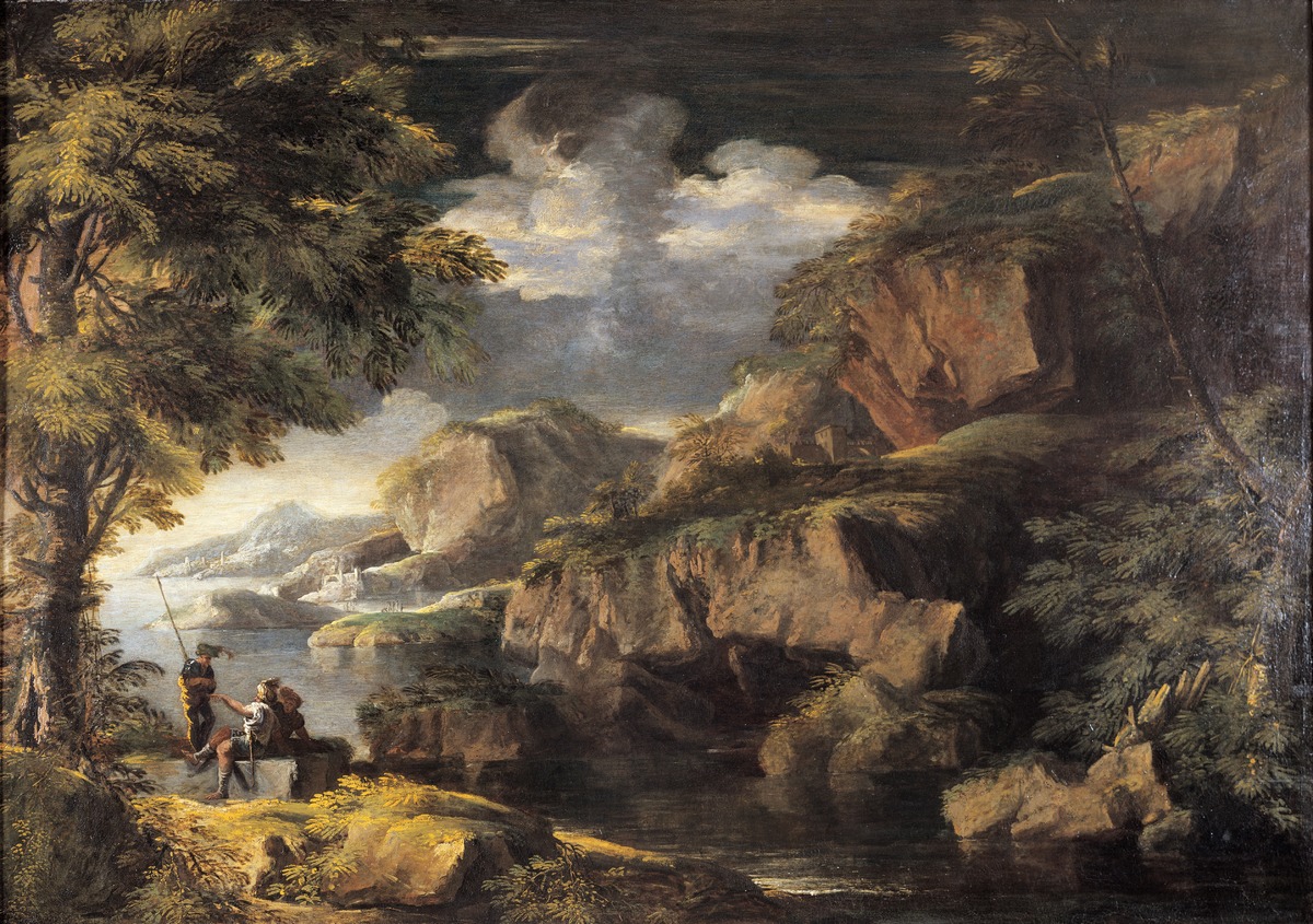 Salvator Rosa Rocky Landscape With Banditti