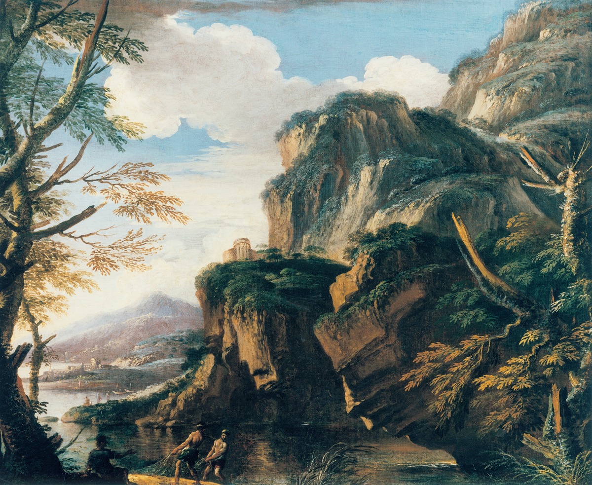 Salvator Rosa Rocky Landscape With Fishermen Hauling Their Nets